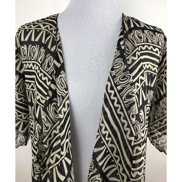 Lularoe Sheer Kimono Tribal Print with Bottom Fringe Tan Black Small - Picture 2 of 8